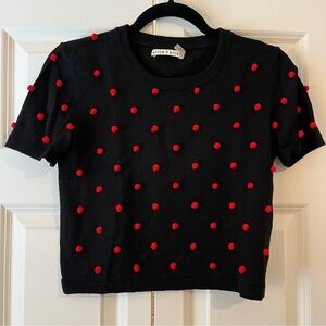 Alice + Olivia Black Cropped Sweater with Red Pom Poms